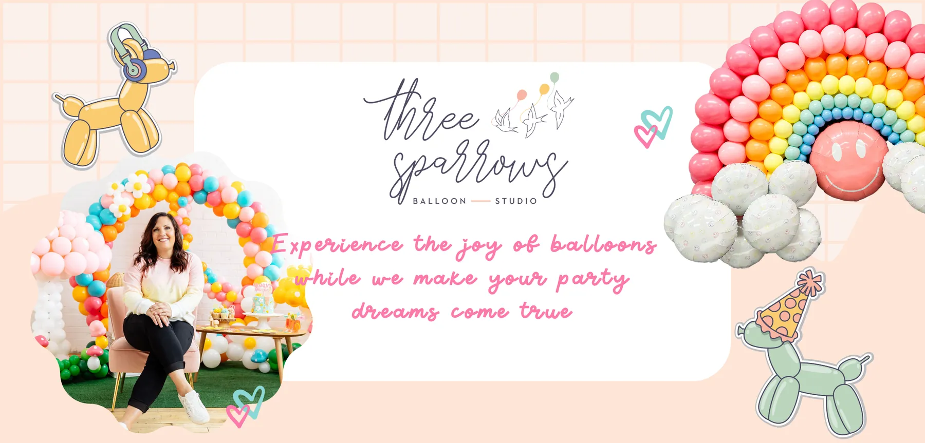Jenny of Three Sparrows Balloon Studio with a rainbow balloon arch: experience the joy of balloons while we make your party dreams come true